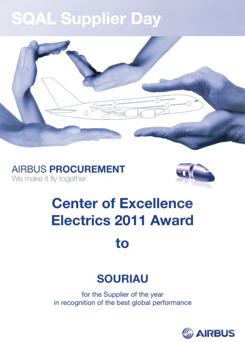 Per il 5° anno, SOURIAU si aggiudica il Premio AIRBUS™ di Migliore Fornitore di parti elettriche standard